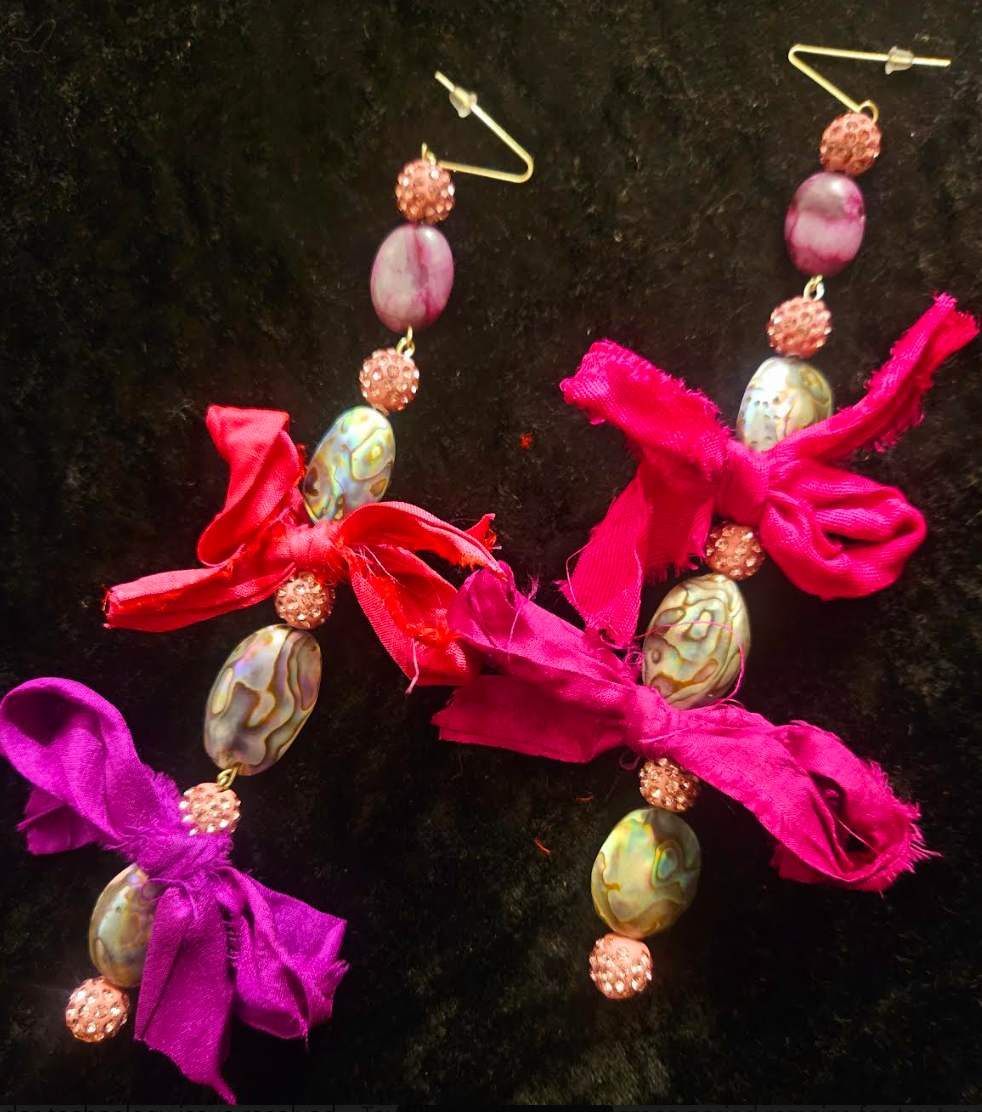 Abalone Shell Pink Pave Rhinestone & Distressed Sari Silk Ribbon Sh