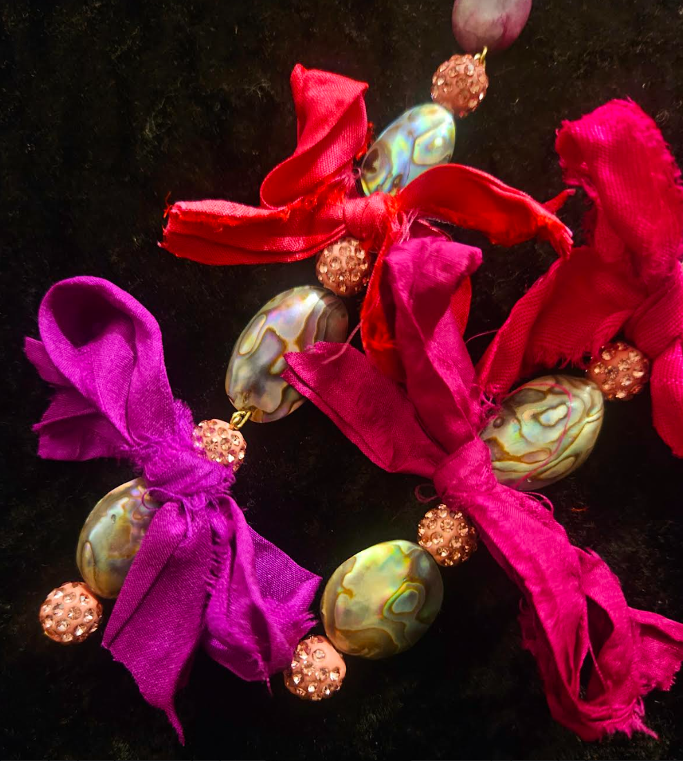 Abalone Shell Pink Pave Rhinestone & Distressed Sari Silk Ribbon Sh