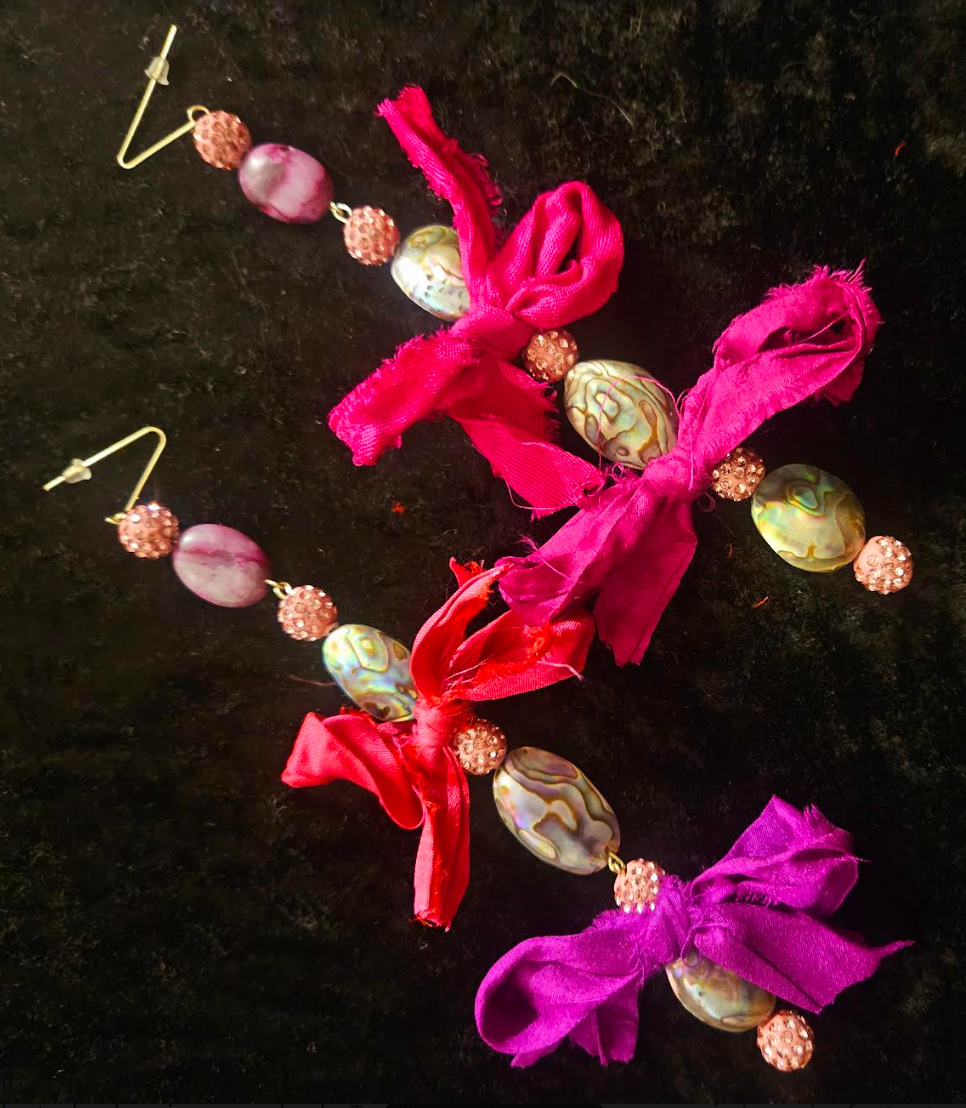 Abalone Shell Pink Pave Rhinestone & Distressed Sari Silk Ribbon Sh