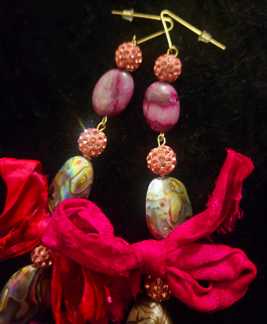 Abalone Shell Pink Pave Rhinestone & Distressed Sari Silk Ribbon Sh
