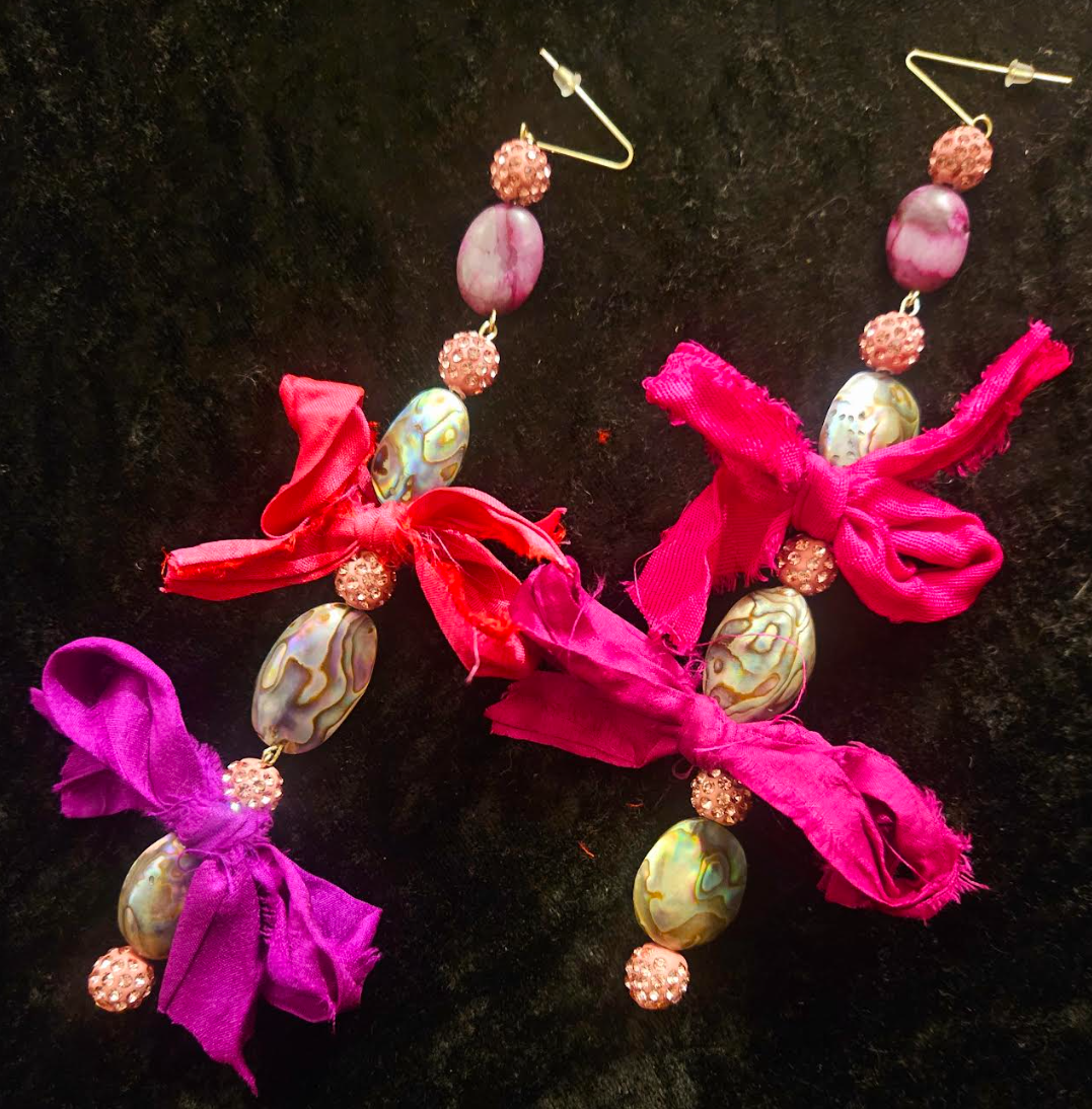 Abalone Shell Pink Pave Rhinestone & Distressed Sari Silk Ribbon Sh