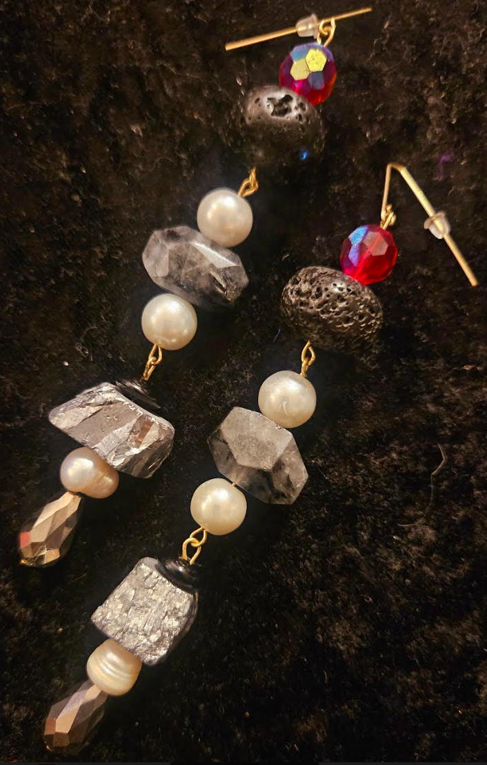 Black White Silver & Red Gemstone Shoulder Dusters Crystal Pearl