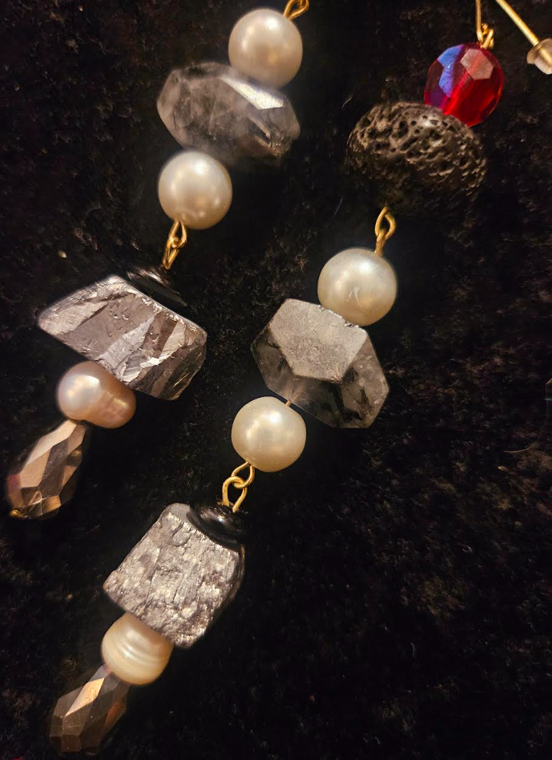 Black White Silver & Red Gemstone Shoulder Dusters Crystal Pearl