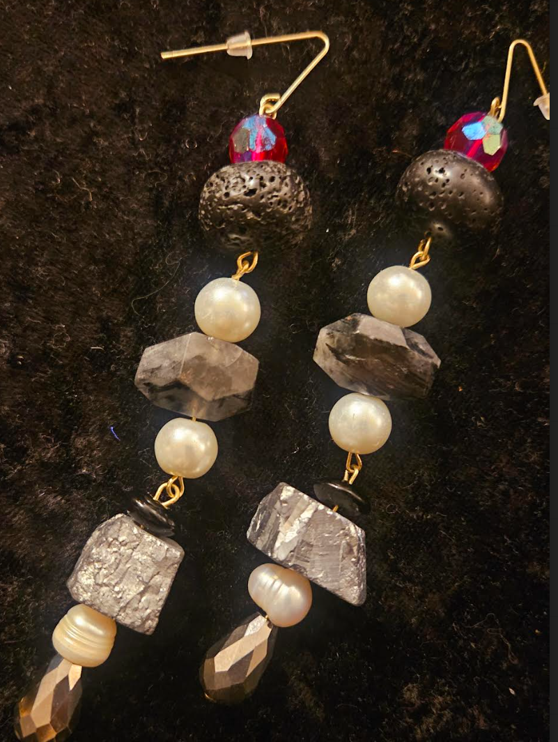 Black White Silver & Red Gemstone Shoulder Dusters Crystal Pearl