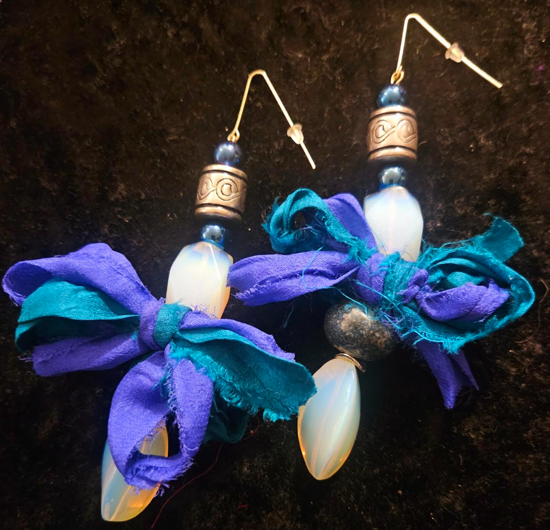 White Opalescent Beaded & Blue Distressed Sari Silk Pierced Earring