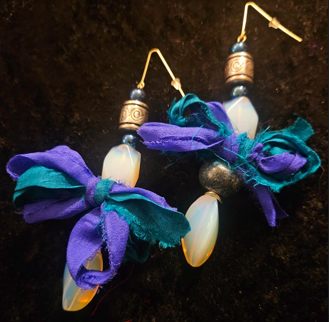 White Opalescent Beaded & Blue Distressed Sari Silk Pierced Earring