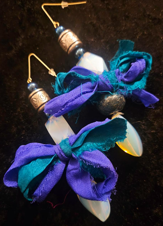 White Opalescent Beaded & Blue Distressed Sari Silk Pierced Earring