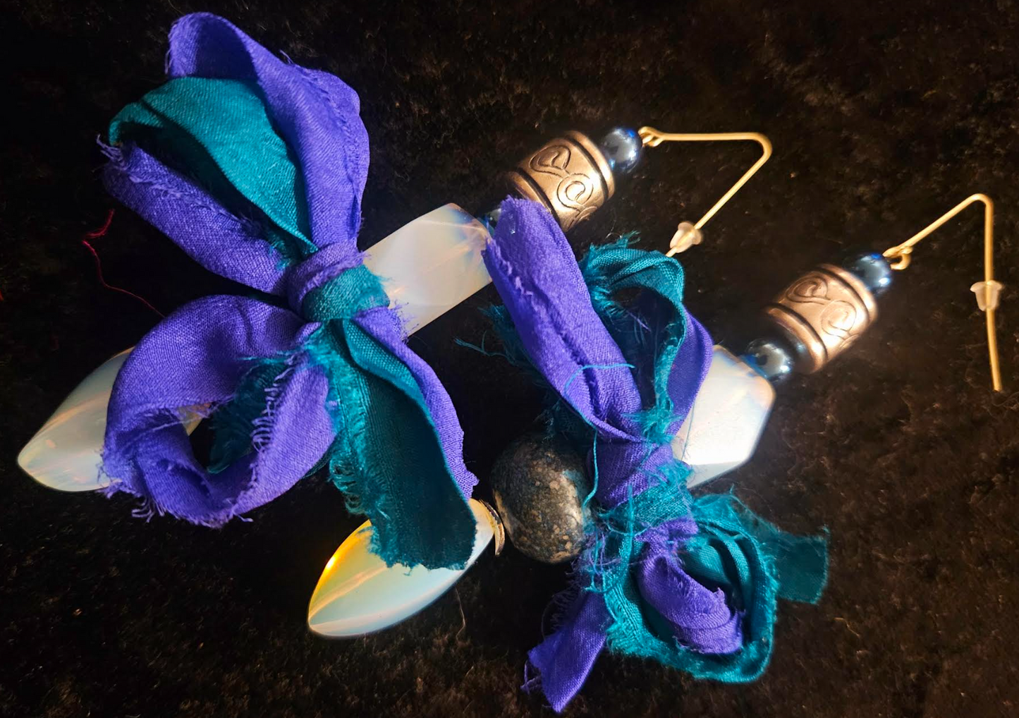 White Opalescent Beaded & Blue Distressed Sari Silk Pierced Earring