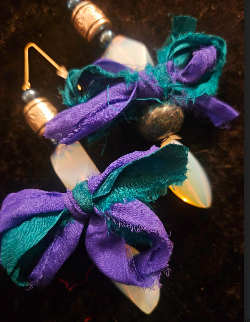 White Opalescent Beaded & Blue Distressed Sari Silk Pierced Earring