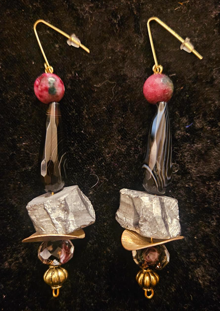 Black Silver Pink Gemstone & Beaded Dangle Pierced Statement Earrings