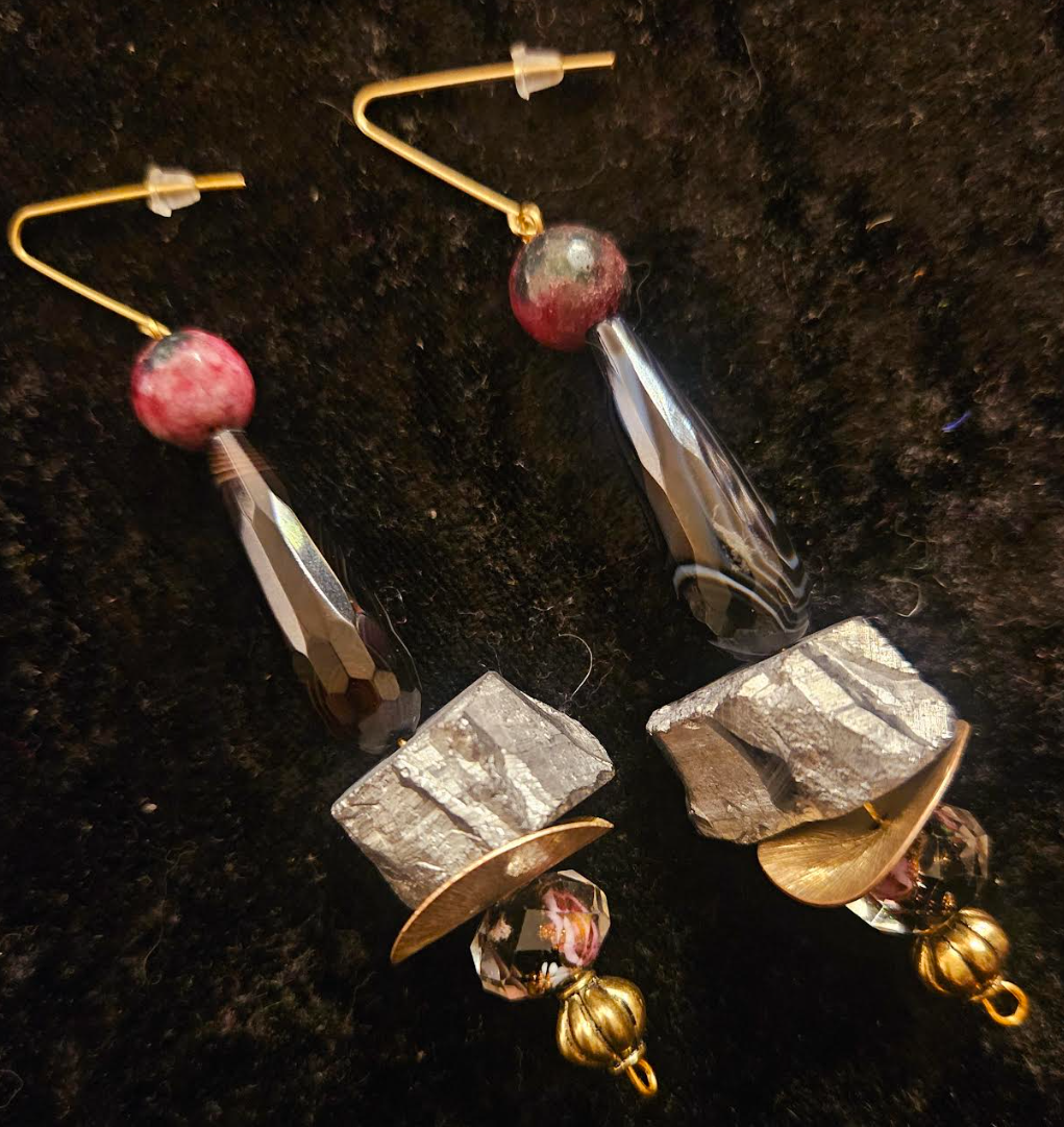 Black Silver Pink Gemstone & Beaded Dangle Pierced Statement Earrings