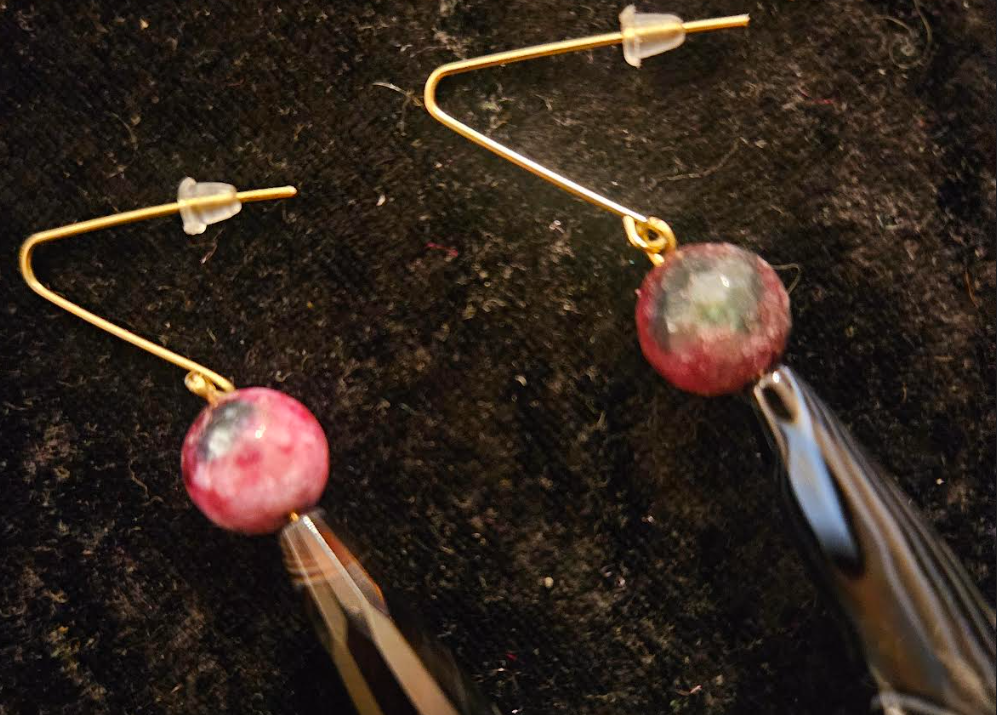 Black Silver Pink Gemstone & Beaded Dangle Pierced Statement Earrings