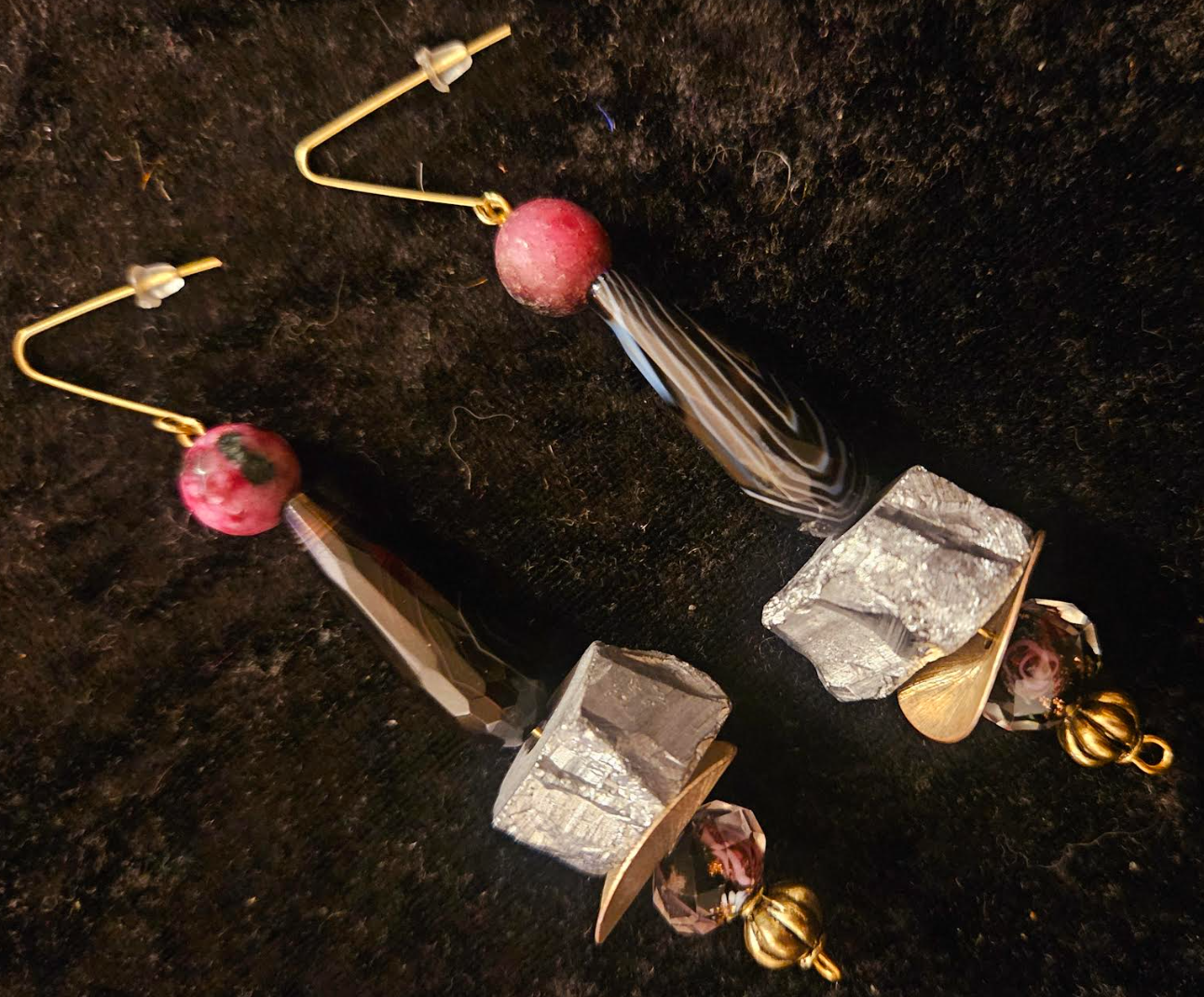 Black Silver Pink Gemstone & Beaded Dangle Pierced Statement Earrings