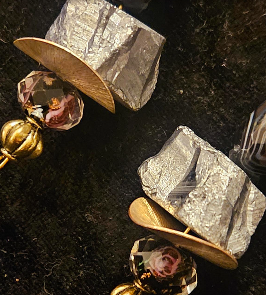 Black Silver Pink Gemstone & Beaded Dangle Pierced Statement Earrings