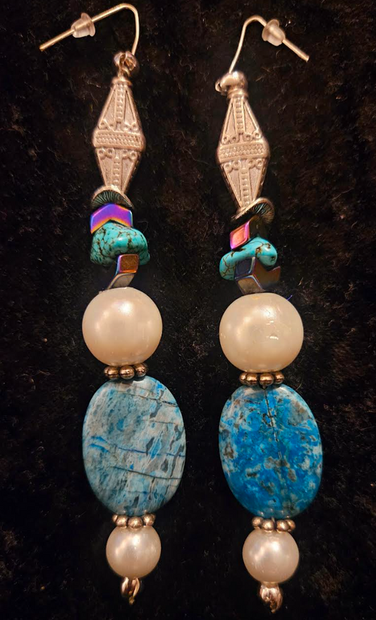 Blue Jasper and Faux Pearl Long Beaded Pierced Statement Earrings Bl