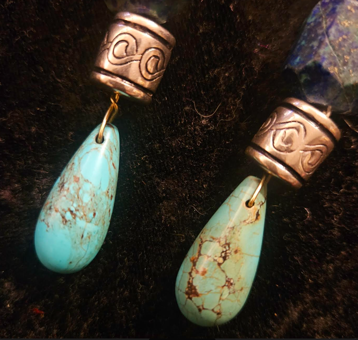 Multi Colored Azurite Malachite Magnesite Beaded Dangle Pierced Ear