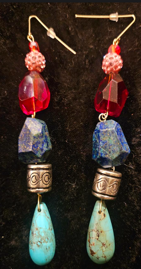 Multi Colored Azurite Malachite Magnesite Beaded Dangle Pierced Ear