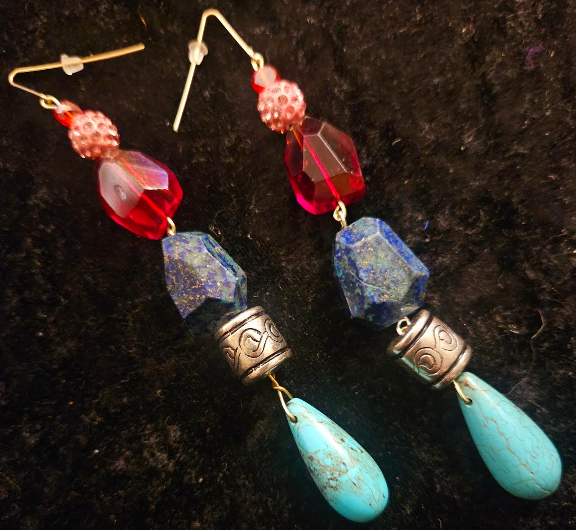 Multi Colored Azurite Malachite Magnesite Beaded Dangle Pierced Ear