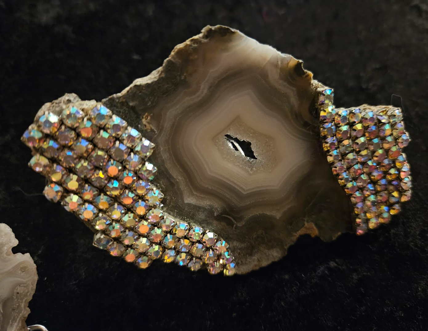 Gray Botswana Slab Agate & Rhinestone Adjustable Statement Ring