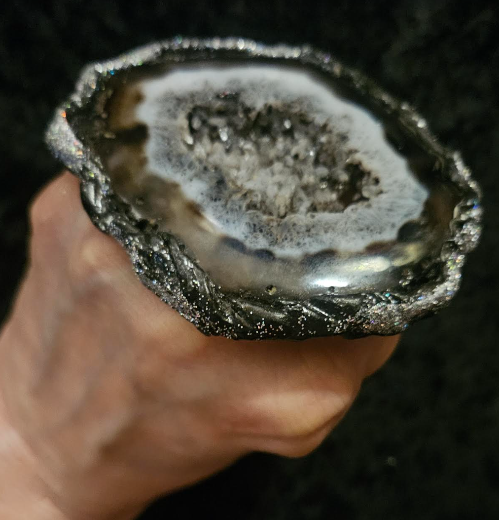Oversized Black White & Gray Sculpted Druzy Agate Hand Ring Adjus