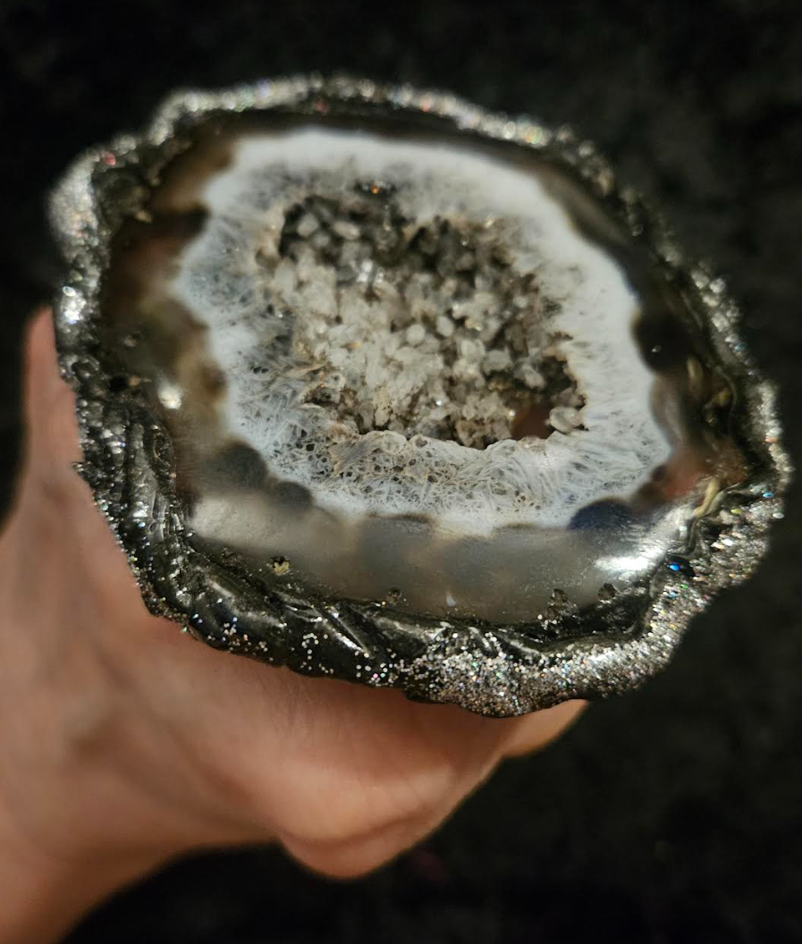 Oversized Black White & Gray Sculpted Druzy Agate Hand Ring Adjus