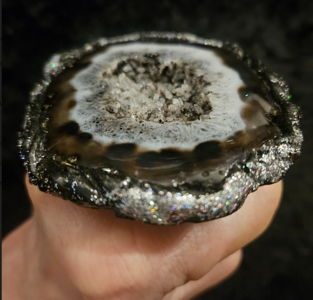 Oversized Black White & Gray Sculpted Druzy Agate Hand Ring Adjus