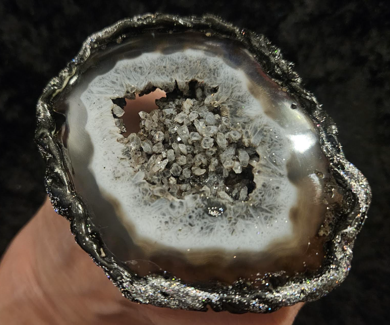 Oversized Black White & Gray Sculpted Druzy Agate Hand Ring Adjus