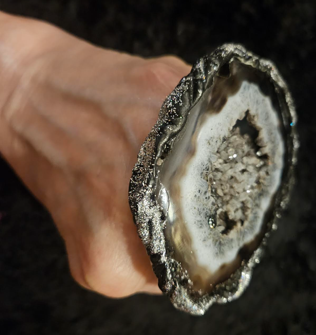 Oversized Black White & Gray Sculpted Druzy Agate Hand Ring Adjus