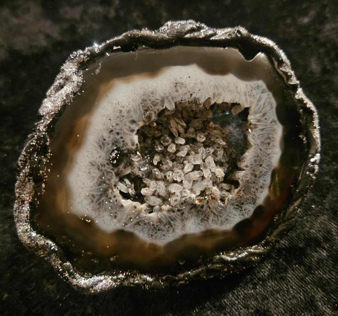 Oversized Black White & Gray Sculpted Druzy Agate Hand Ring Adjus