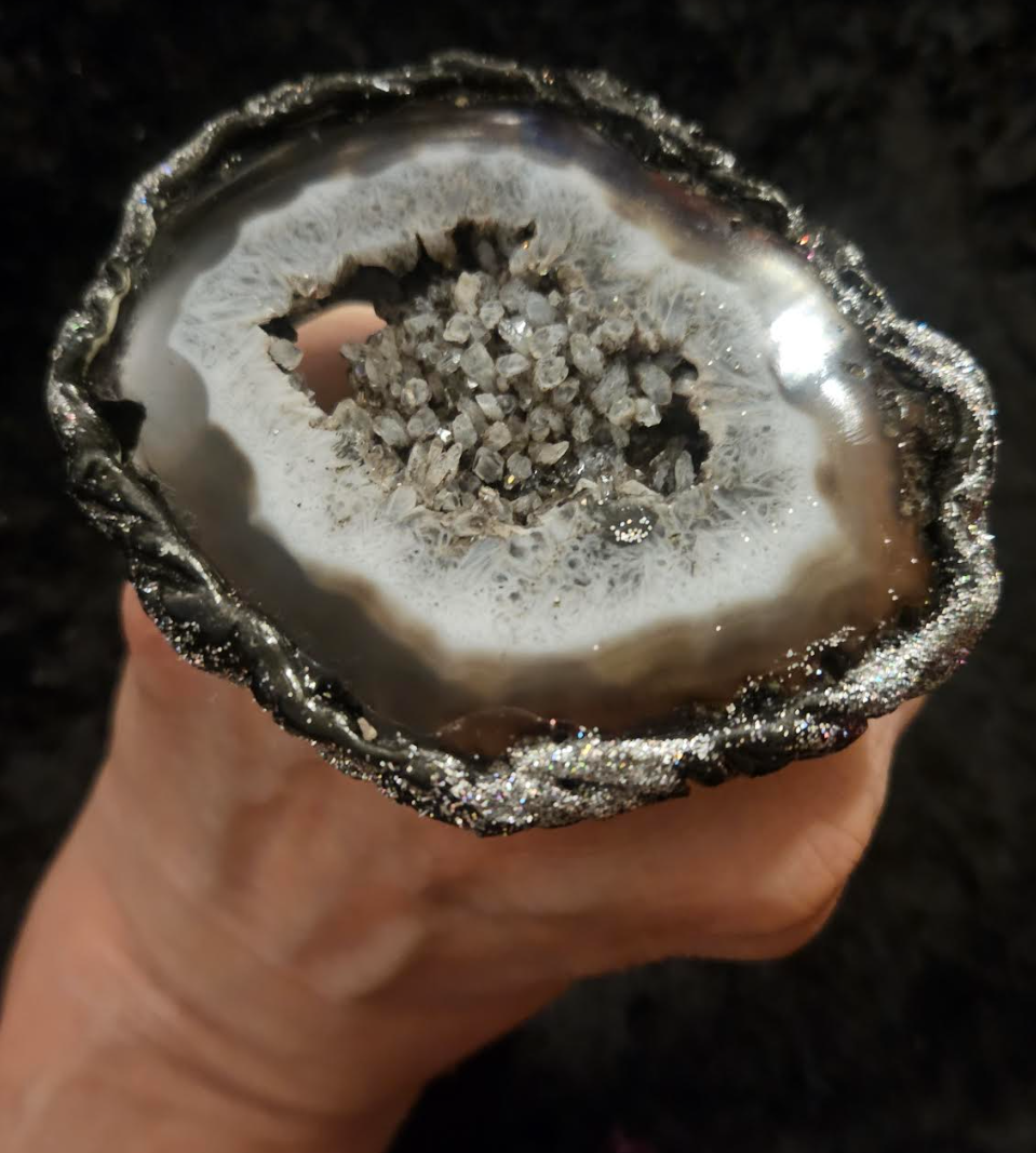 Oversized Black White & Gray Sculpted Druzy Agate Hand Ring Adjus