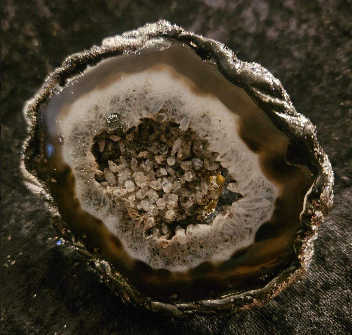 Oversized Black White & Gray Sculpted Druzy Agate Hand Ring Adjus