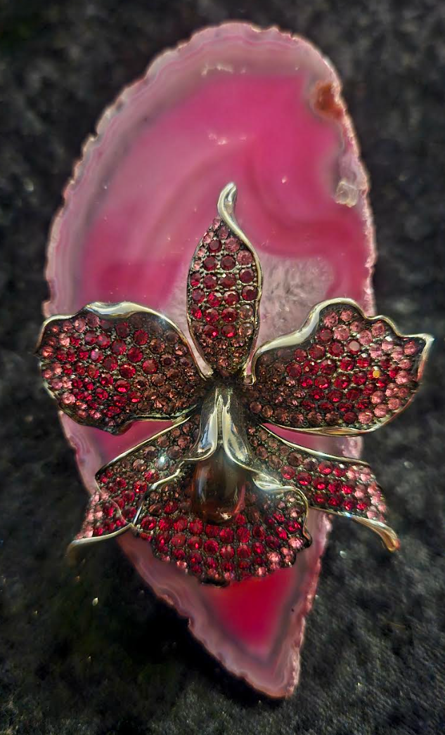 Hot Pink Agate Statement Ring With Vintage Rhinestone Orchid Jewel