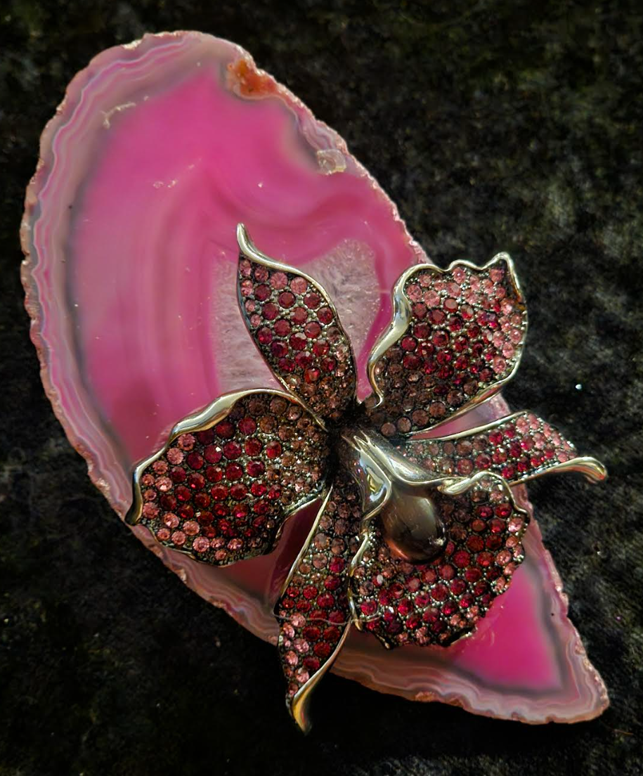 Hot Pink Agate Statement Ring With Vintage Rhinestone Orchid Jewel