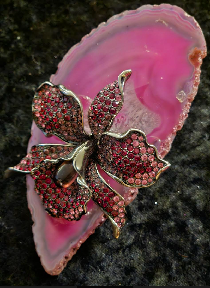 Hot Pink Agate Statement Ring With Vintage Rhinestone Orchid Jewel