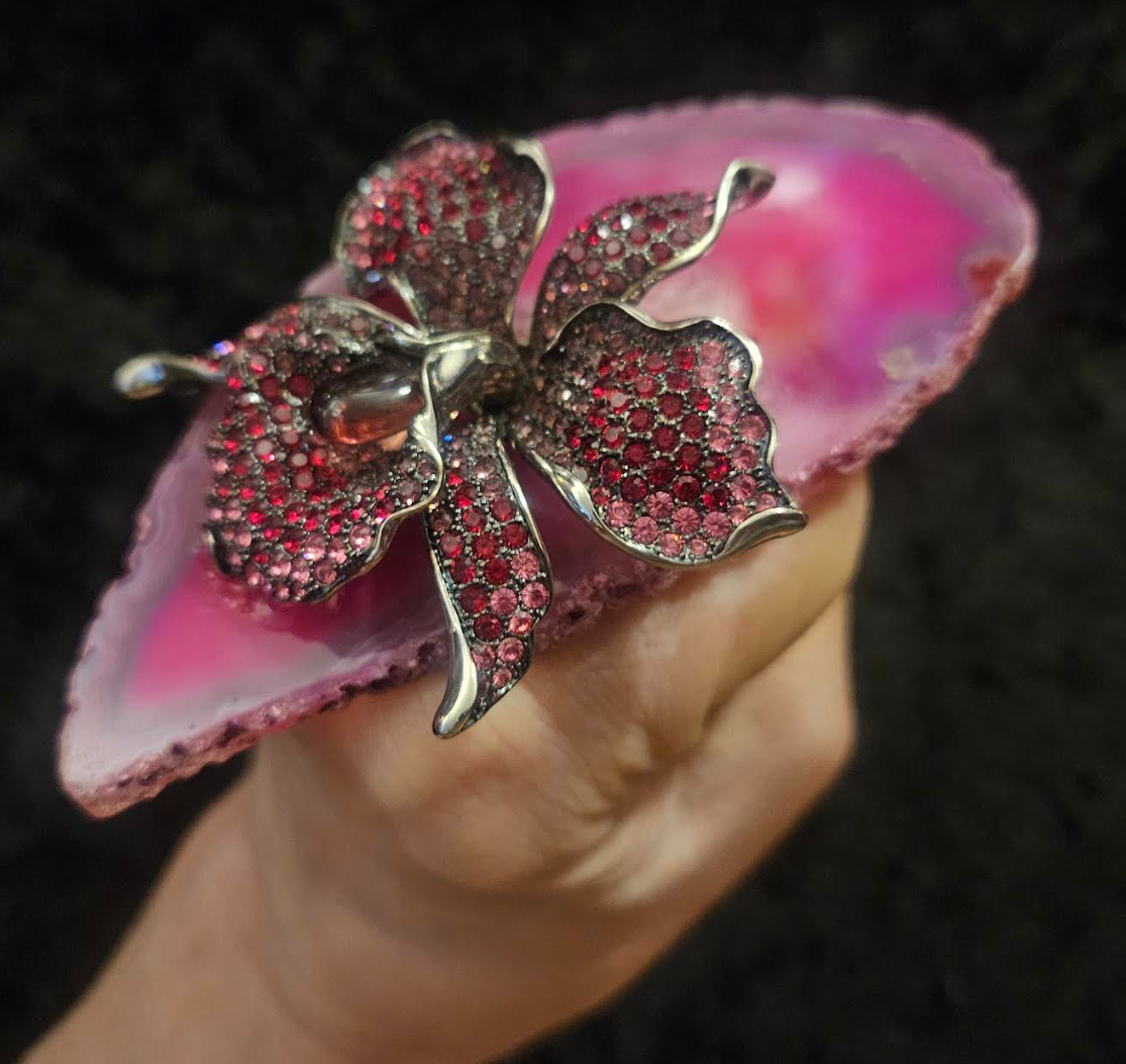 Hot Pink Agate Statement Ring With Vintage Rhinestone Orchid Jewel
