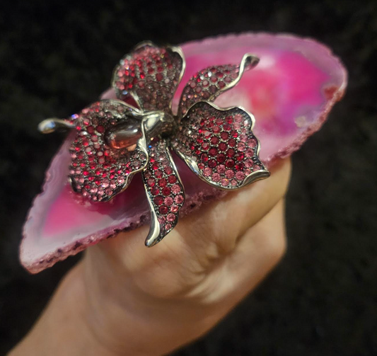 Hot Pink Agate Statement Ring With Vintage Rhinestone Orchid Jewel