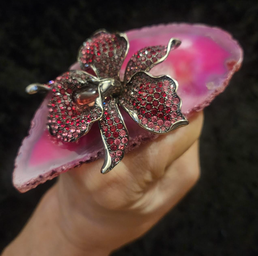 Hot Pink Agate Statement Ring With Vintage Rhinestone Orchid Jewel