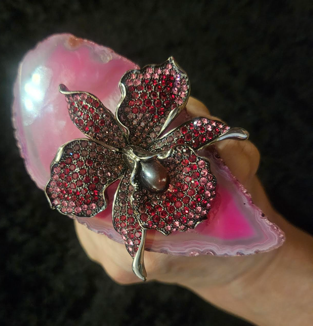 Hot Pink Agate Statement Ring With Vintage Rhinestone Orchid Jewel