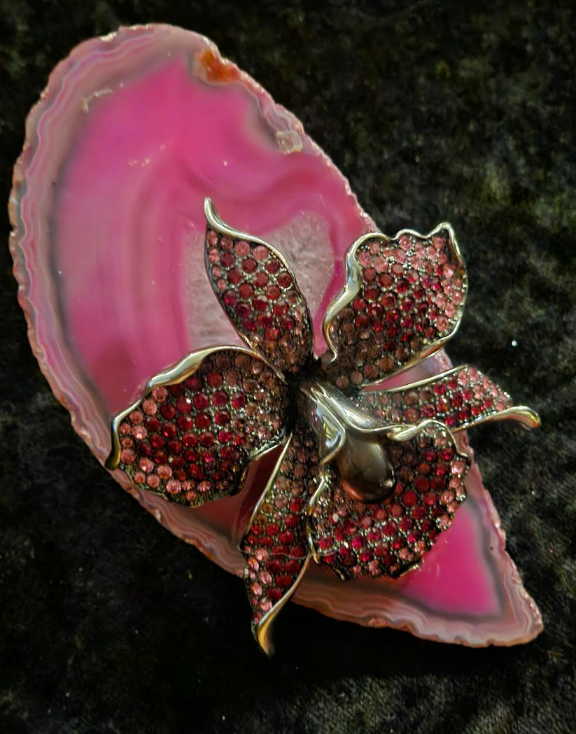 Hot Pink Agate Statement Ring With Vintage Rhinestone Orchid Jewel