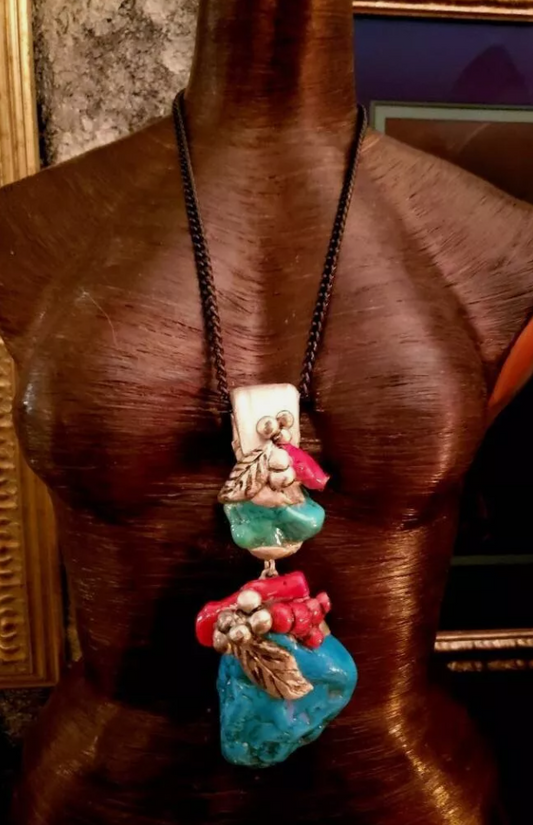 Faux Turquoise & Red Coral Sculpted Western Pendant - Bold