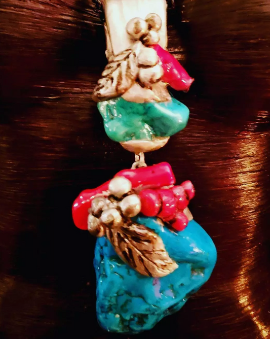 Magnesite and Red Branch Coral Sculpted Western Gemstone Pendant Fau