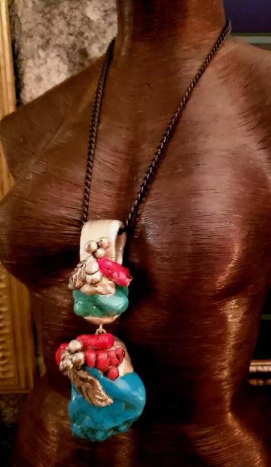 Faux Turquoise & Red Coral Sculpted Western Pendant - Bold