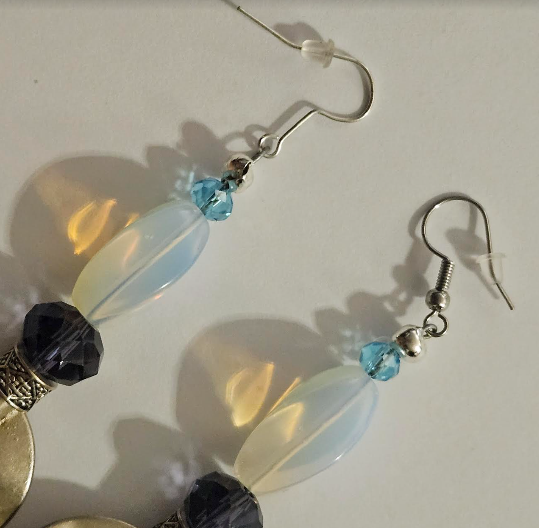 Etched Sapphire and Manmade Opal Shoulder Dusters Blue White & Si