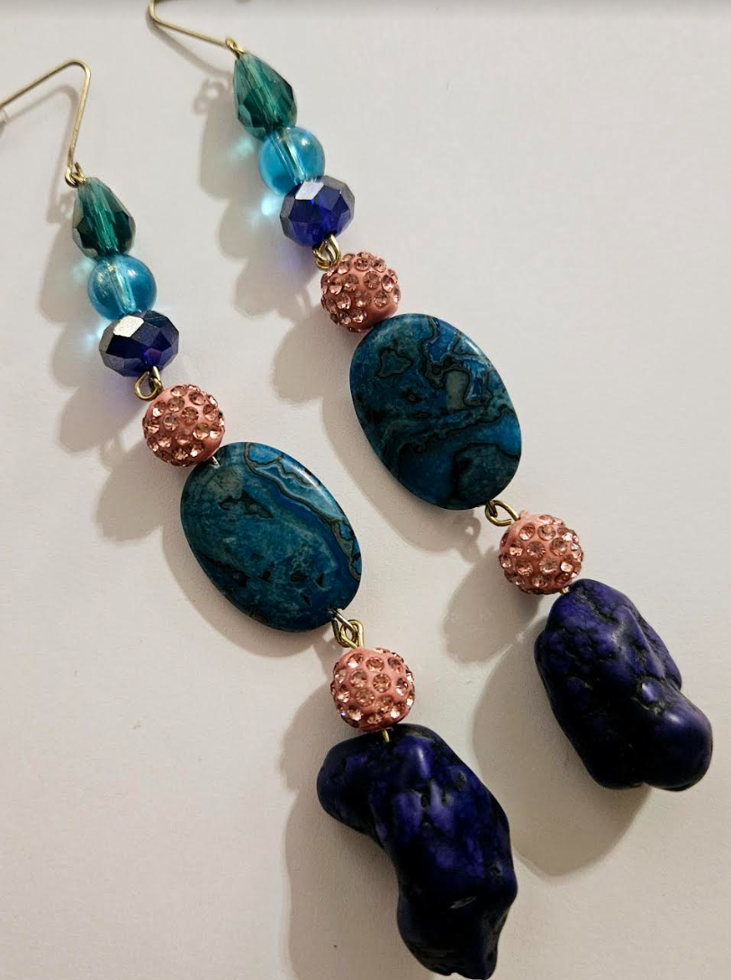 Jewel Tone Mixed Media Beaded Shoulder Duster Pierced Statement Earrin