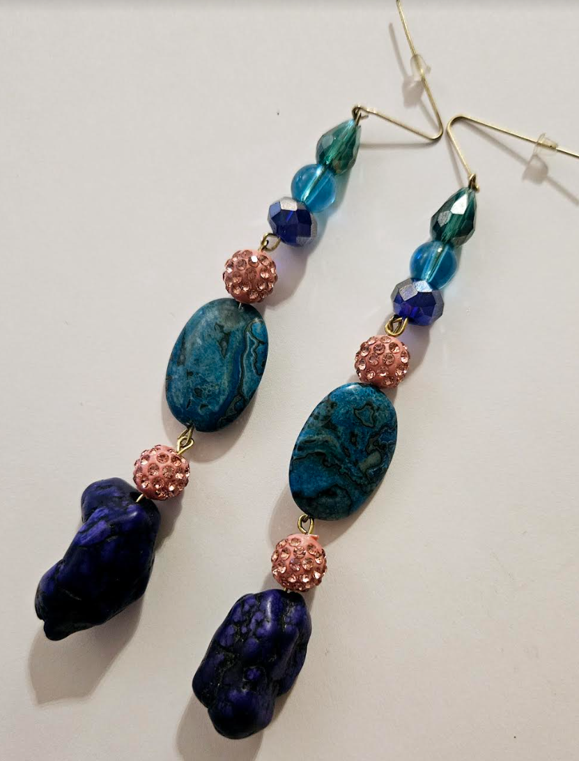 Jewel Tone Mixed Media Beaded Shoulder Duster Pierced Statement Earrin