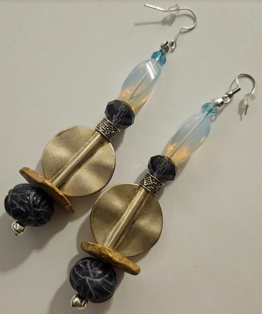 Etched Sapphire and Manmade Opal Shoulder Dusters Blue White & Si