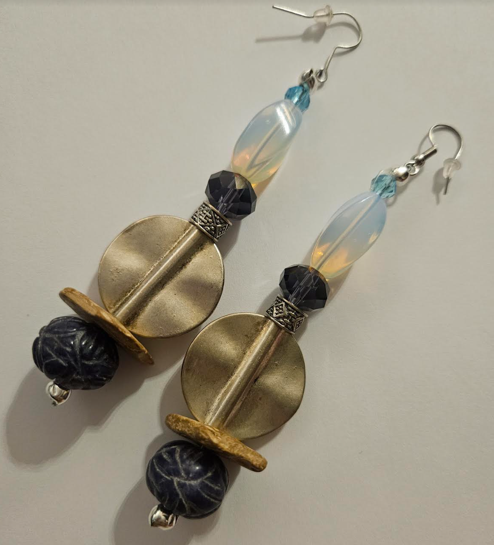Etched Sapphire and Manmade Opal Shoulder Dusters Blue White & Si