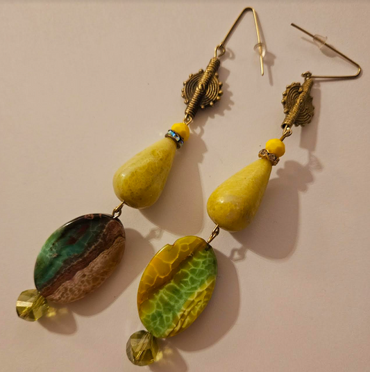 Exotic Green Yellow and Gold Shoulder Duster Statement Earrings Long