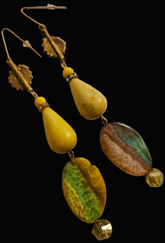 Exotic Green Yellow & Gold Shoulder Duster Statement Earrings