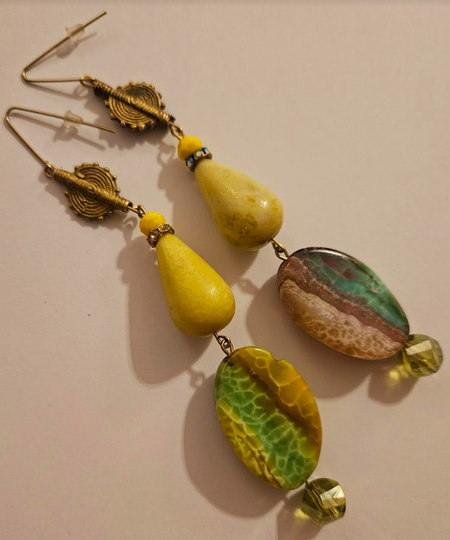 Exotic Green Yellow and Gold Shoulder Duster Statement Earrings Long